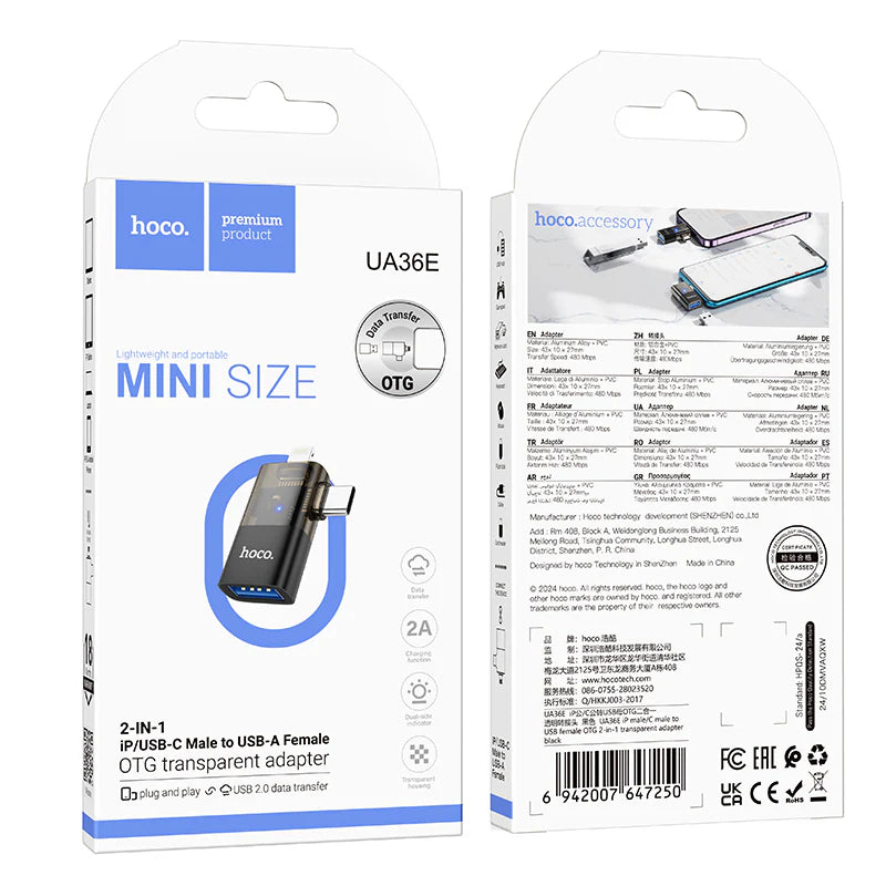 HOCO UA36E Lightning, USB-C / Type-C Male to USB Female 2 in 1 OTG Adapter