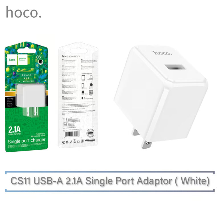 CS11 2.1A USB-A Wall Charger – Compact 5V/2.1A Power Adapter (White) – HOCO