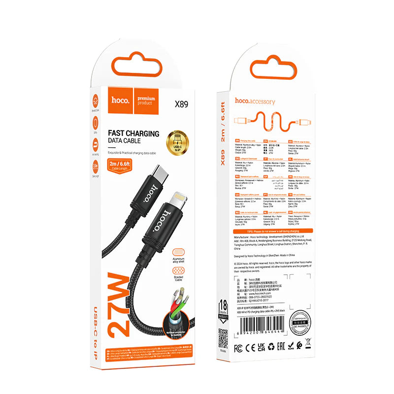HOCO X89 Type-C to Lightning PD 20W/27W Charging Data Cable 2m