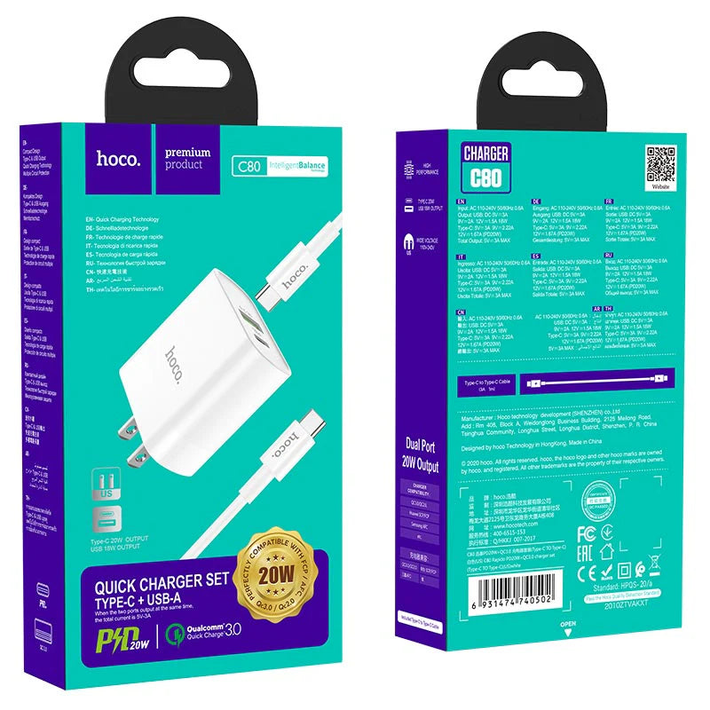 HOCO C80 PD20W + QC3.0 Dual-port Charger (US) Set