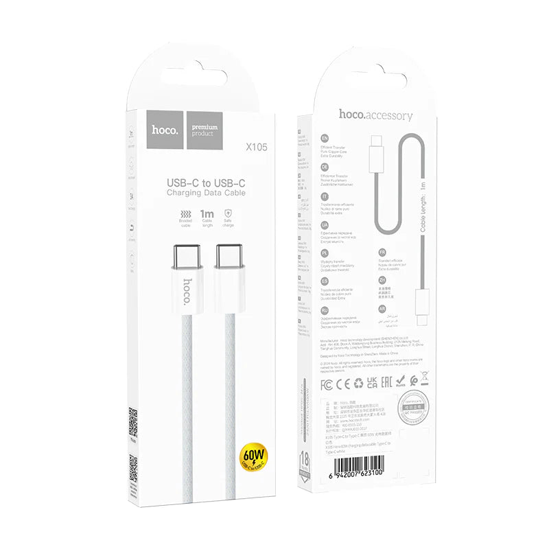 HOCO X105 Type-C to Type-C PD 60W Charging Data Cable 1m White