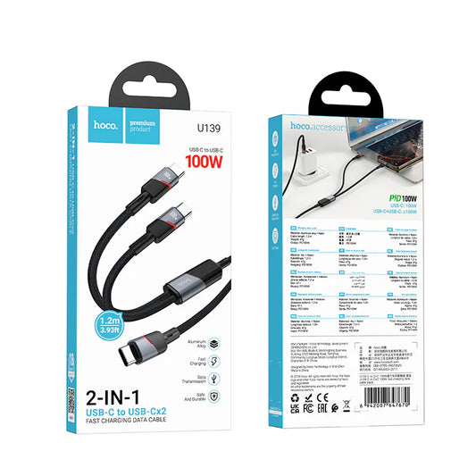 HOCO U139 100W Type-C to Type-C and Type-C Fast Charging Data Cable 1.2m