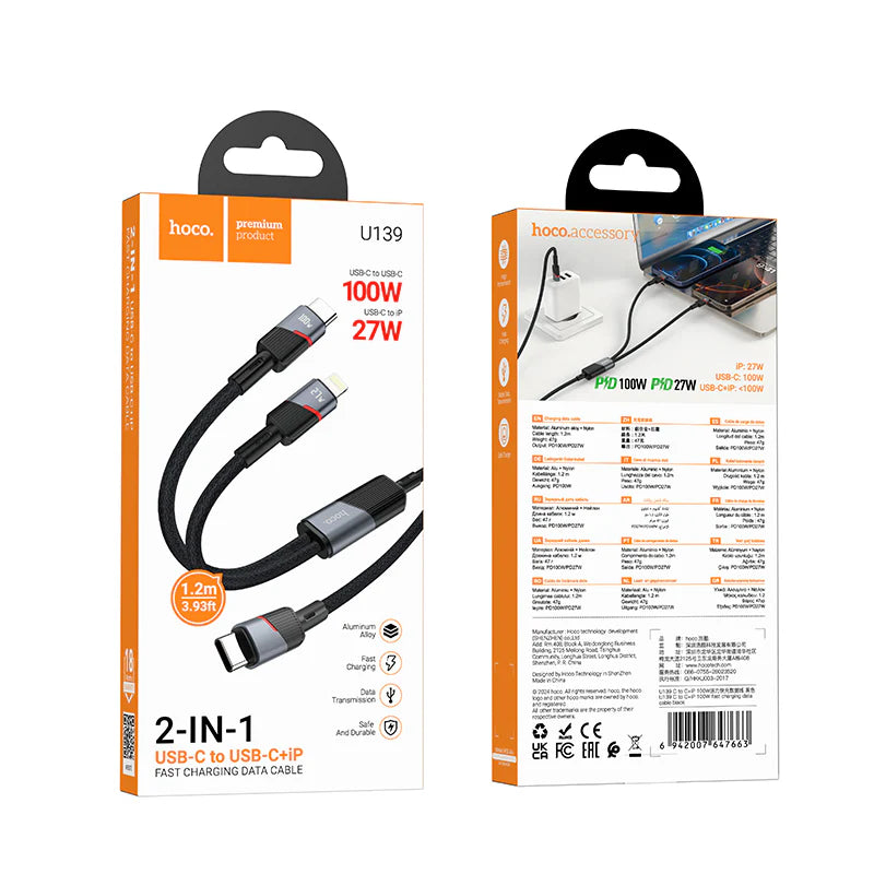 HOCO U139 100W Type-C to Type-C and Lightning Fast Charging Data Cable 1.2m