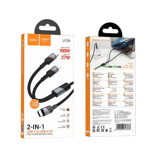 HOCO U139 100W Type-C to Type-C and Lightning Fast Charging Data Cable 1.2m