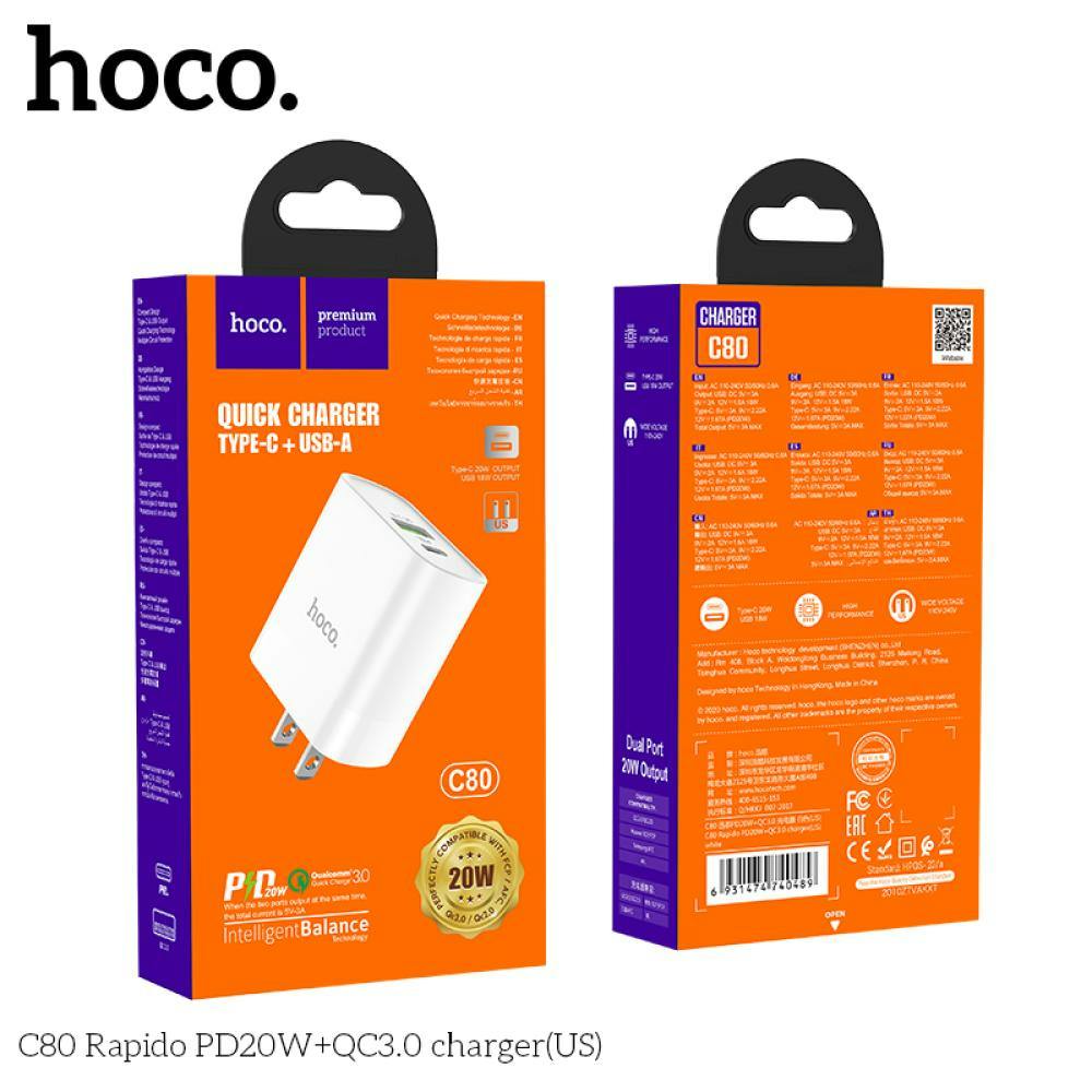 HOCO Quick charger Type-C + USB-A Wall Charger C80 (20W PD + QC3.0 Charger)
