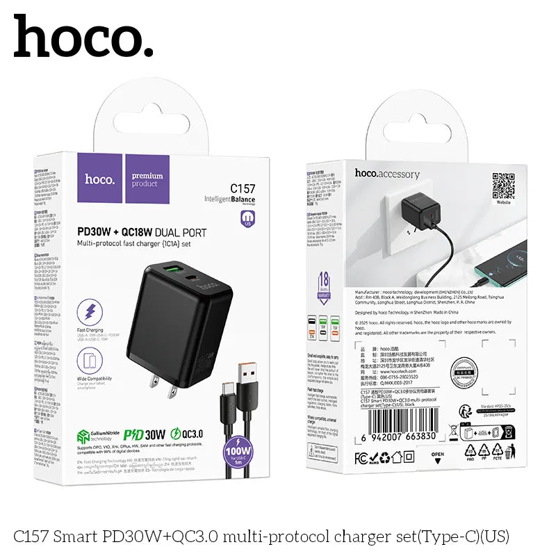 Hoco C157 GaN 30W USB C 18W USB-A Charger PD3.0 QC3.0 Fast Charger with Cable
