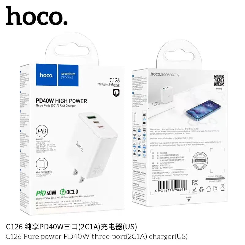 Hoco C126 Pure Power Three-port PD 40W (2C1A) Charger (Single)